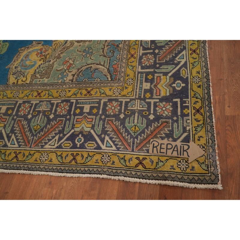 Hand Knotted Oriental 100% Wool Carpet Traditional Floral Navy Blue & Blues Tabriz Area Rug - 12' 5'' X 8' 3''