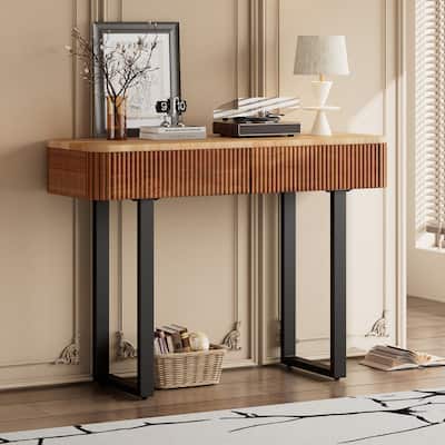 Solid Wood Entryway Table, Narrow Sofa Table with Storage Drawers & Metal Legs, with Fluted Hallway Tables Console Table Natural