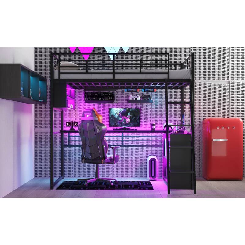 Full Size Loft Bed with Desk, LED Shelves, and Storage - Metal Frame with Guardrails and Ladder, Space-Saving Design for Teens