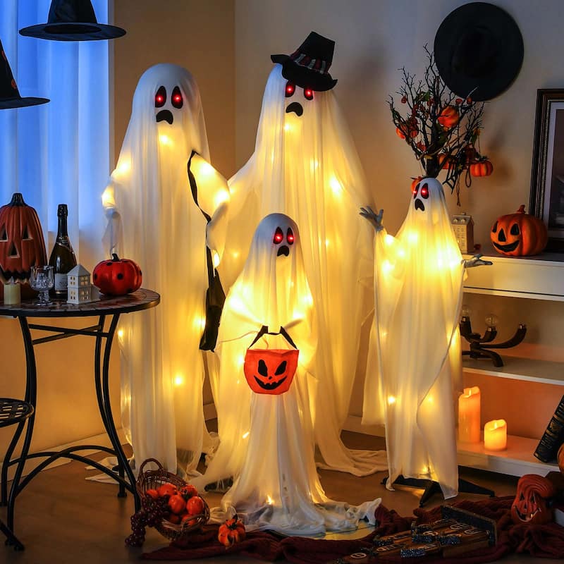 Costway 4 PCS Halloween Light up White Cloth Ghosts Life-size Standing - See Details