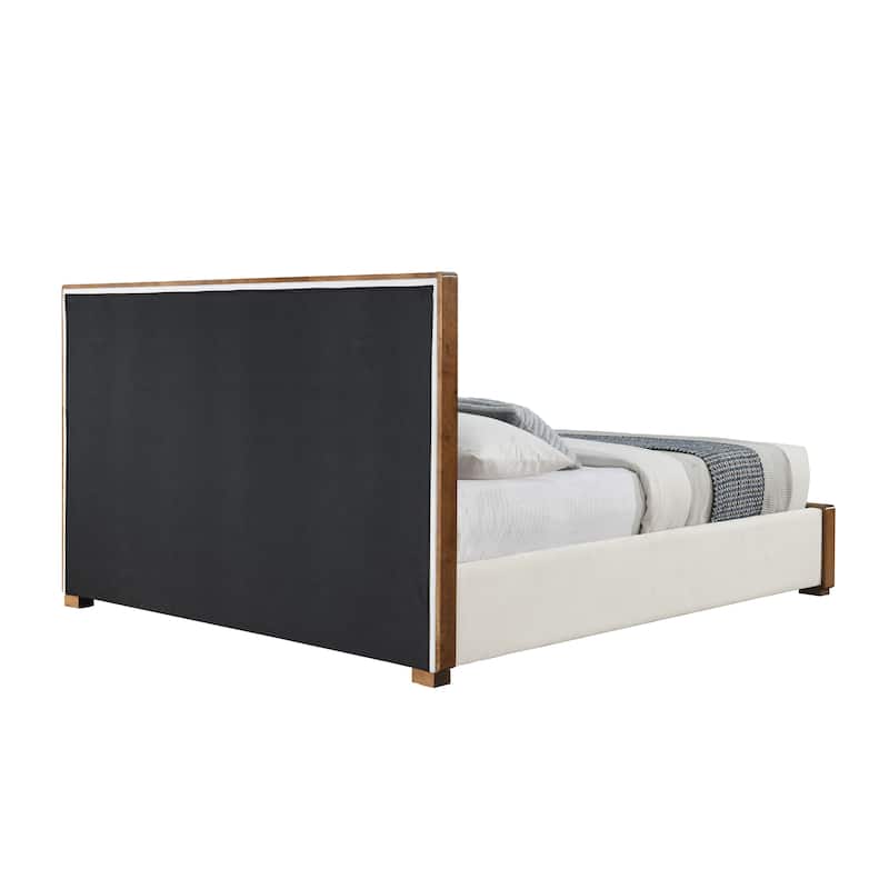 GDFStudio Upholstered Beige Chenille and Walnut Finish Platform Bed