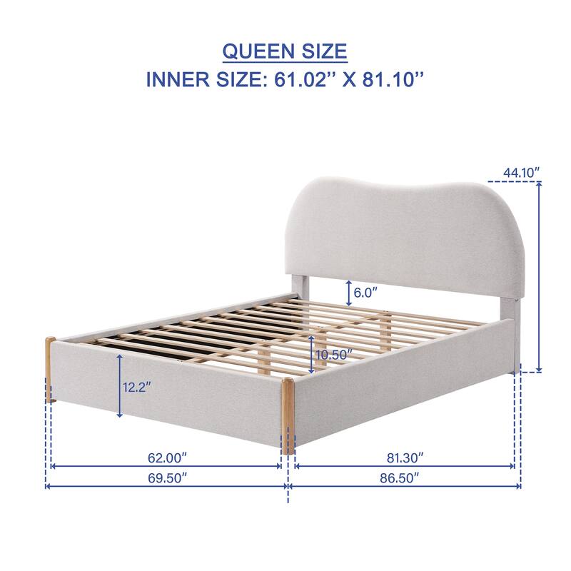 Ivory Linen Upholstered Platform Bed Frame with Wavy Headboard/Solid Wood Frame and Legs/Wooden Slat Support/Easy Assembly/Queen