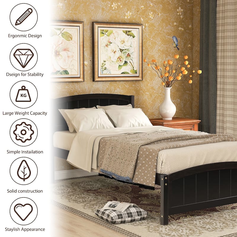 Wood Frame Platform Bed with Vertical Stripe Curved Headboard and Footboard, Panel Bed Slat Bed, Guest Room Furniture