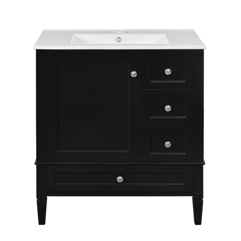 30" Bathroom Vanity with Ceramic Sink - Solid Wood Frame with 3 Drawers, Modern Bathroom Storage Cabinet