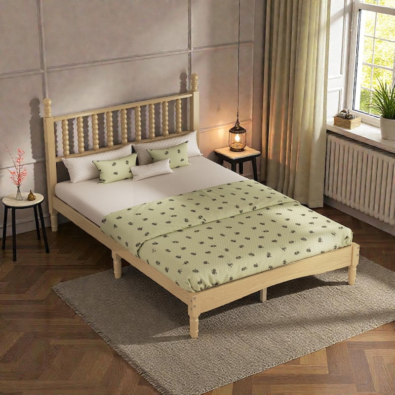 Retro Wood Platform Bed with Gourd Shaped Headboard, Wooden Slat Support, No Box Spring Needed