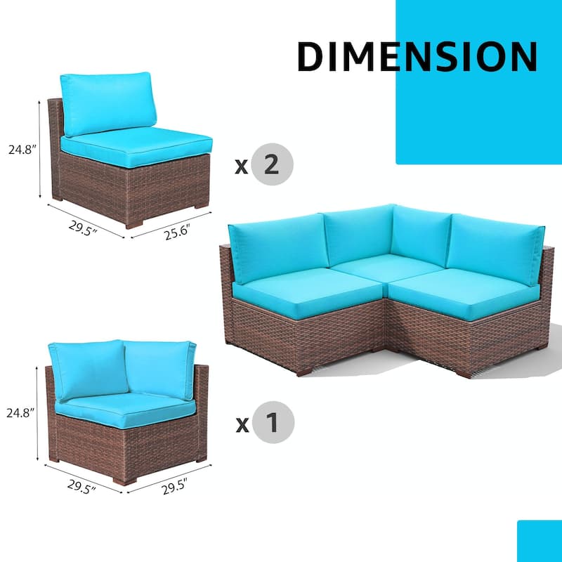 Outdoor 3 pcs Wicker Sectional Corner Sofa and Armless Sofa