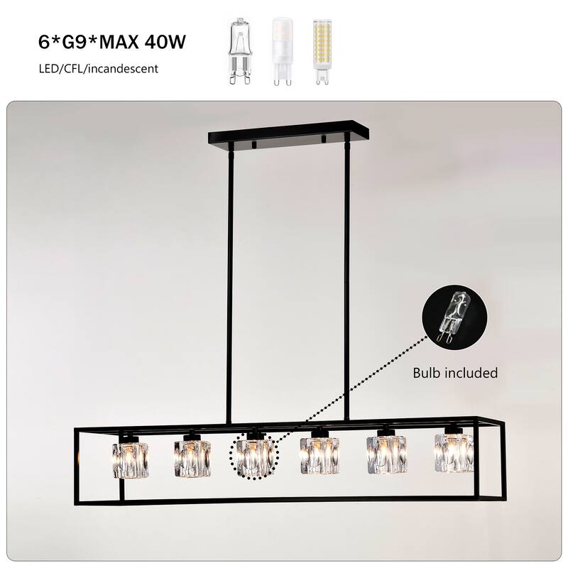 Industrial 6-Light Crystal Farmhouse Chandelier Linear Rectangular Pendant Cage Light, for Dining Room, Kitchen Island, Bar
