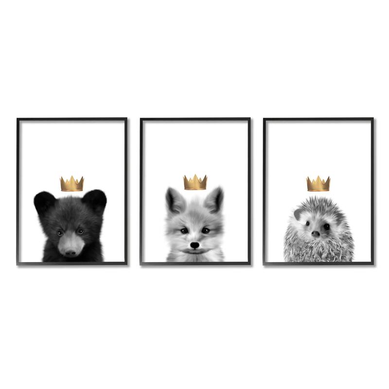 Stupell Woodland Animals Bold Crowns Black Bear Fox Hedgehog 3pc Multi Piece Framed Wall Art Set - 24 x 30 - Black