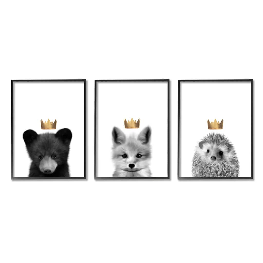 Stupell Woodland Animals Bold Crowns Black Bear Fox Hedgehog 3pc Multi Piece Framed Wall Art Set