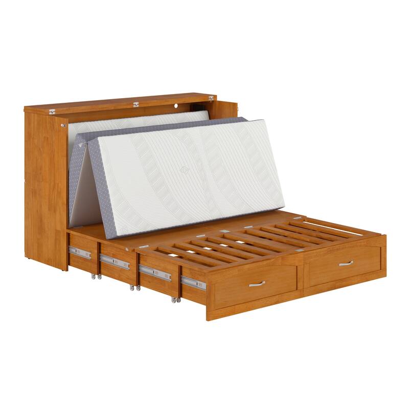 Marion Queen Murphy Bed Chest with 6" Mattress, Storage Drawer & Built-In Charger