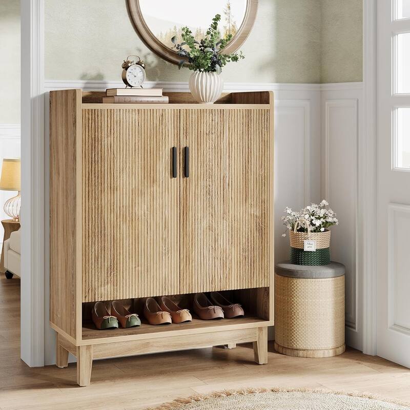 20-Pair Shoe Storage Cabinet with Doors, Farmhouse Shoe Organizer Rack Storage for Entryway Hallway Closet - Natural