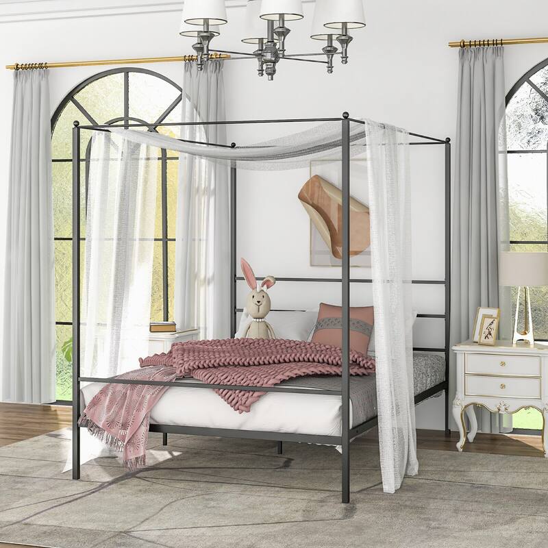 Gymax Twin/Full/Queen Metal Canopy Platform Bed Frame Mattress