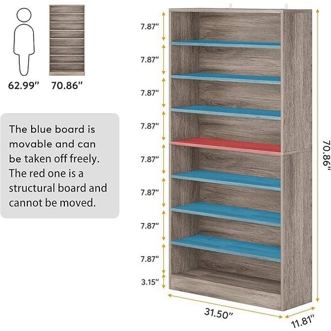 Grey Wood 9-Tier Shoe Cabinet with Adjustable Shelves for Storage - 11.81"D x 31.50"W x 70.86"H