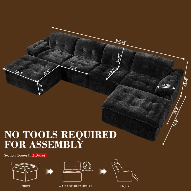 Rossetta 4-Seater Chenille Upholstery Modular Convertible Design Generous Seating Cushioned Sofa with 2 Versatile Ottomans