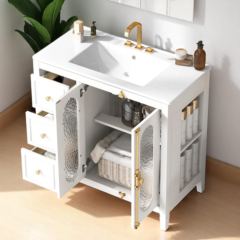 Modern 36 Inch Bathroom Vanity with Sink, Solid Wood Frame, Soft-Close Doors, 3 Drawers, White Cabinet