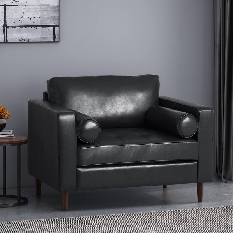 Roomfitters Faux Leather Armchair with Tufted Seat, Round Bolster Pillows and Wooden Legs for Living Room, Black