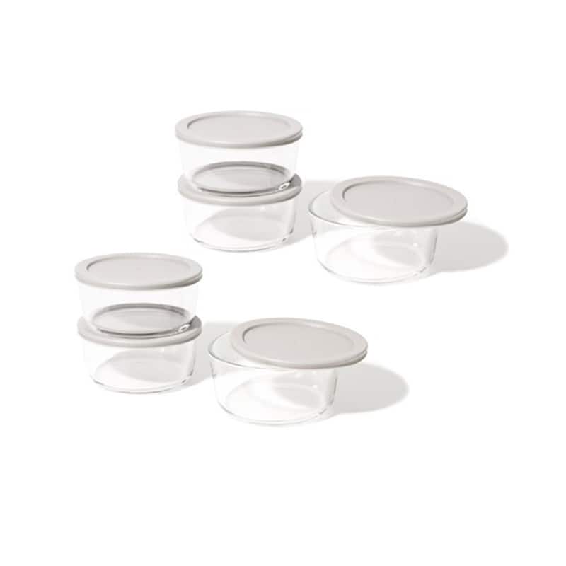 Glass Food Storage Containers Set - Round, 4-Cup (32oz) BPA-Free, Microwave & Oven Safe, Airtight Lids - 12 Piece Set (6 Containers + 6 Lids) - Grey