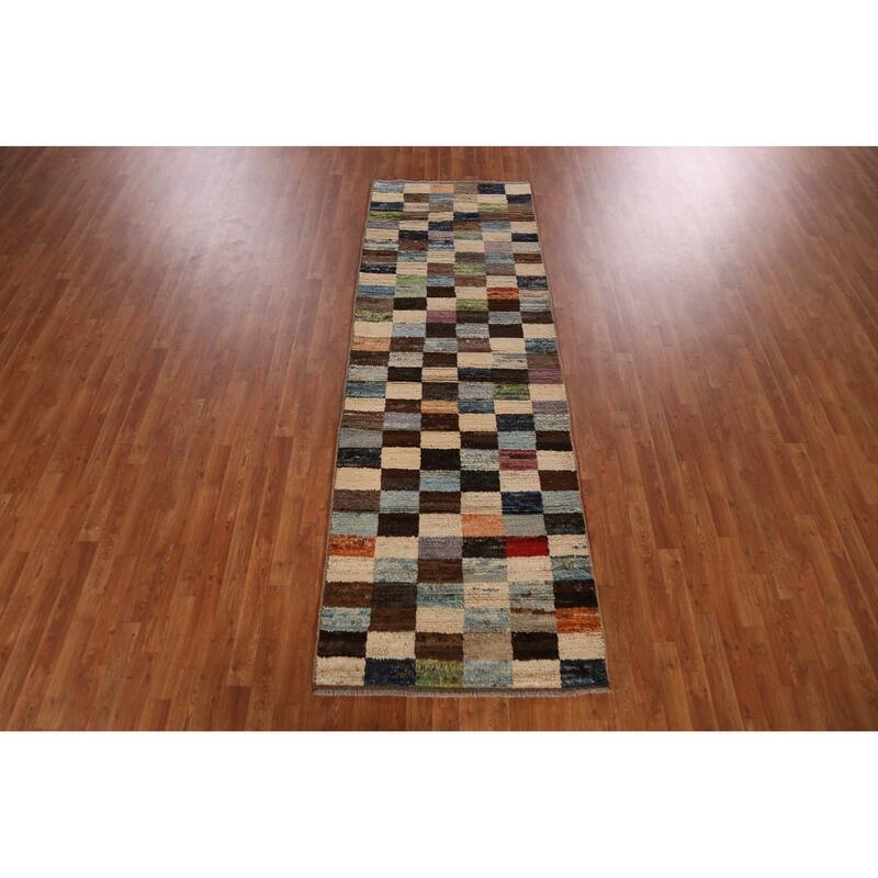 Checkered Moroccan Oriental Runner Rug Hand-Knotted Wool Carpet - 3'2" x 9'8"