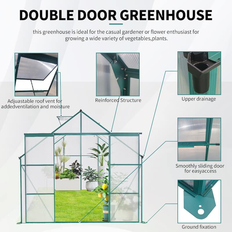 8x8 FT Double Door Greenhouse Raised Base and Anchor Aluminum Heavy Duty Walk-in Greenhouses for Outdoor Backyard in All Season