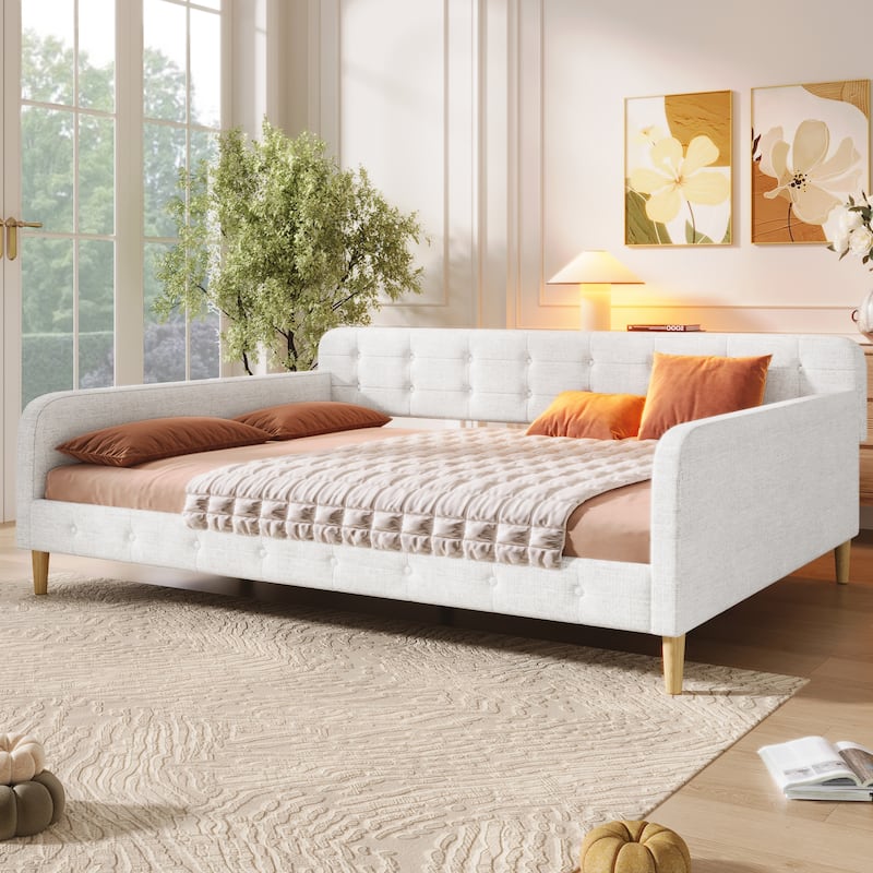 Queen Upholstered Linen Daybed with Tufted Backrest - Beige - Beige