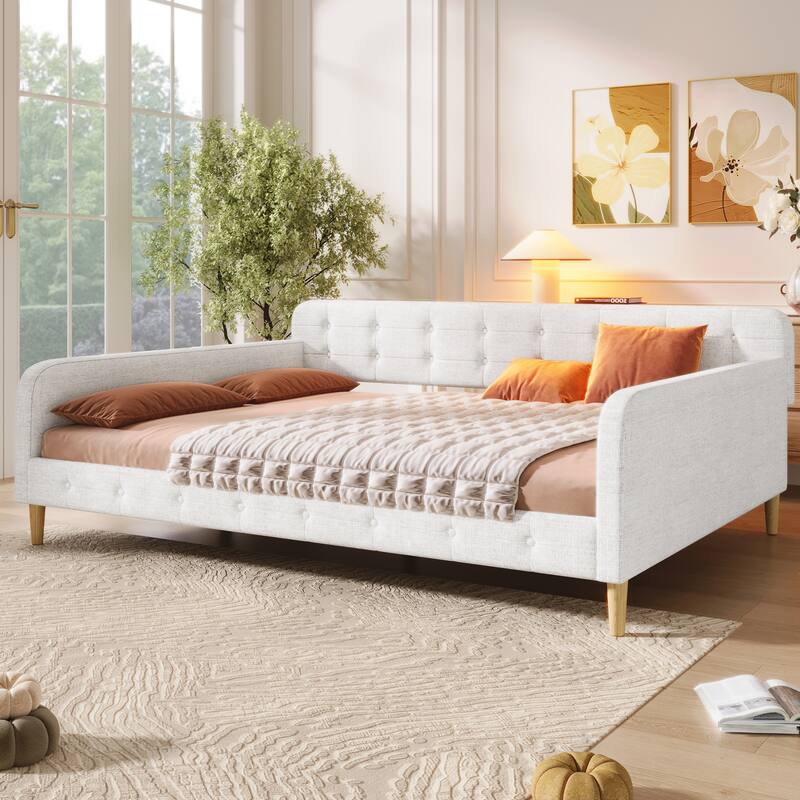 Tufted Upholstered Daybed with 4 Solid Pine Legs, Linen Fabric Sofa Bed Frame, Wooden Slat Support, Easy Assemble