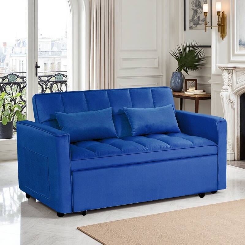 54” Velvet Pull-out Sleeper Sofa Bed,with 3 Adjusting Reclining Back & Storage - Solid Wood Frame,Twin Size-54” x 35.5” x 30”H