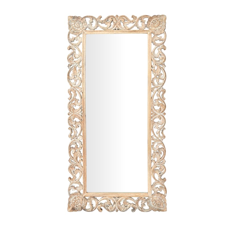 Light Brown Mango Wood Intricately Carved Floral Room Wall Mirror
