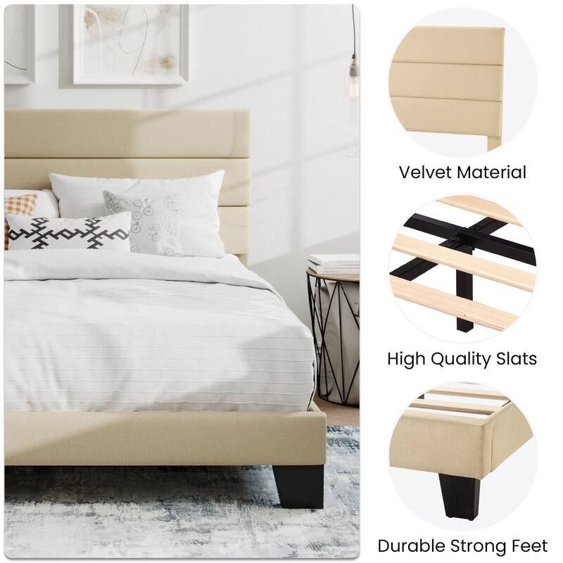 Full Platform Bed Frame with Upholstered Fabric Headboard, Mattress Foundation with Wooden Slats Support, No Box Spring Needed