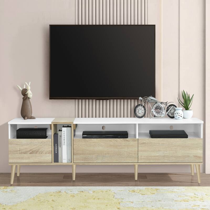 Anmytek Modern TV Stand Minimalist Entertainment Center with Storage Cabinets Media Console Wood Look White TV Stand