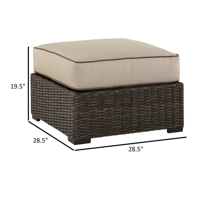 Waga 29 Inch Outdoor Ottoman, Cushioned Seat, Resin Wicker, Brown, Beige