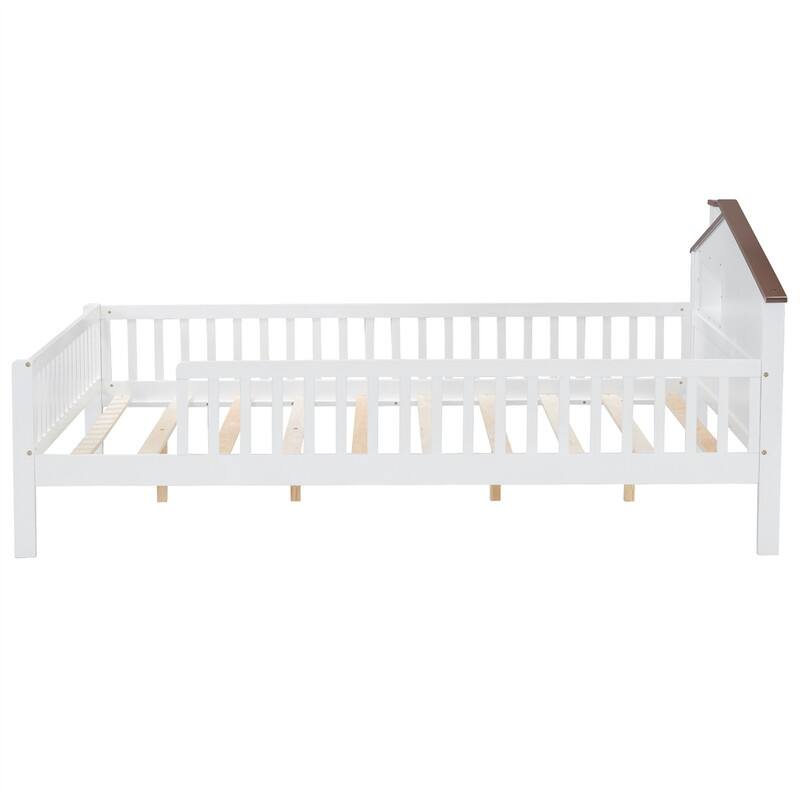 Twin/Full Size House Platform Bed with LED Light and Fence Guardrails, Wooden Kids Bed Frame with House Shaped Headboard