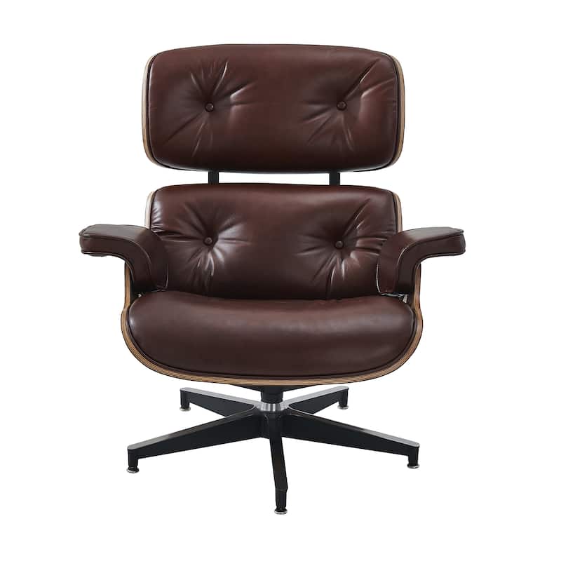 Mid-century Modern Lounger Real Leather Arm Chair and Ottoman Set - Standard - Walnut&WaxyBrown