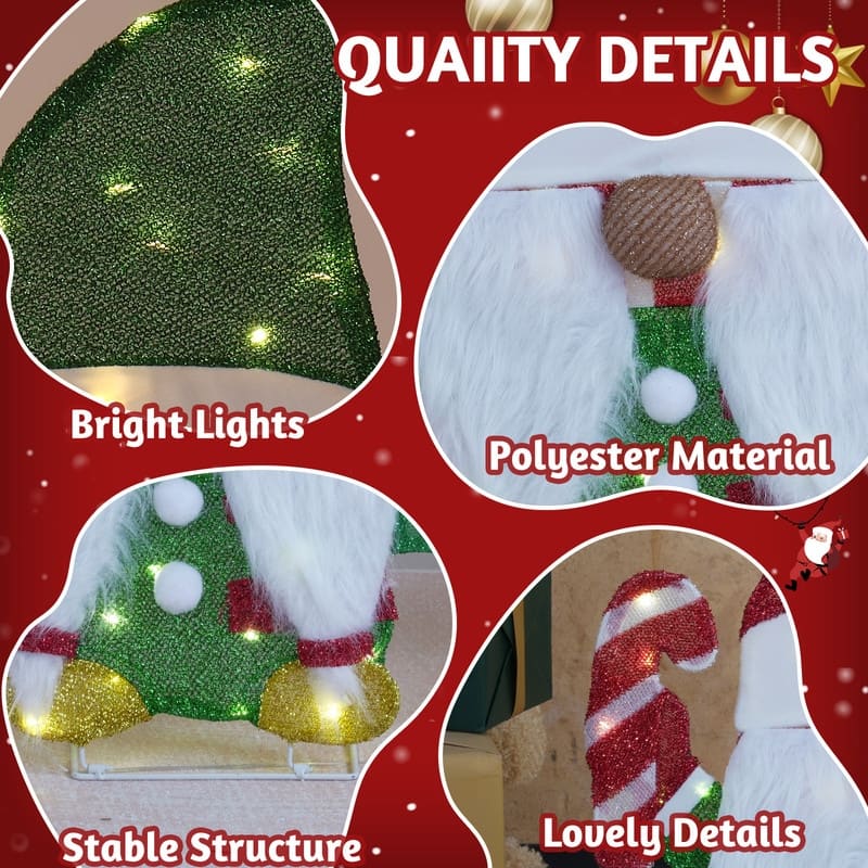 Set of 2 Lighted Gnome and Candy Cane Christmas Decorations - Red+Green