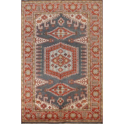 Geometric Viss Indian Area Rug Hand-Knotted Blue Wool Carpet - 6'0" x 8'8"