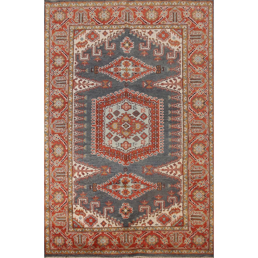 Geometric Viss Indian Area Rug Hand-Knotted Blue Wool Carpet - 6'0" x 8'8"
