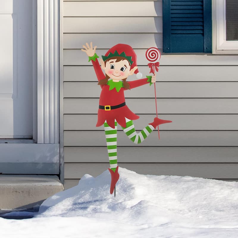 Glitzhome Set of 2 36"H Christmas Metal Snowman Santa or Dancing Elf Yard Stake Standing Hanging Decor