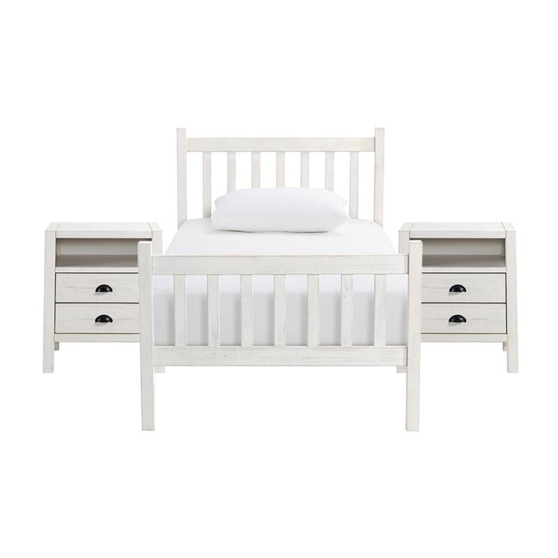 Windsor 3-Piece Wood Bedroom Set with Slat Twin Bed and 2 Nightstands - Driftwood White