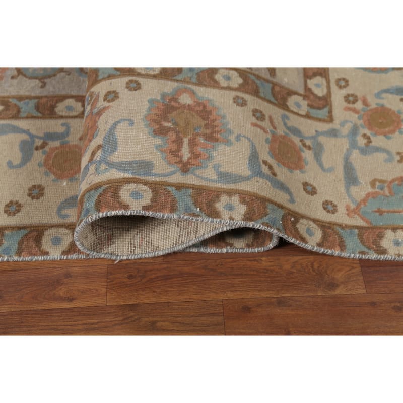 Distressed Floral Tabriz Persian Vintage Area Rug Handmade Wool Carpet - 9'4"x 12'10"