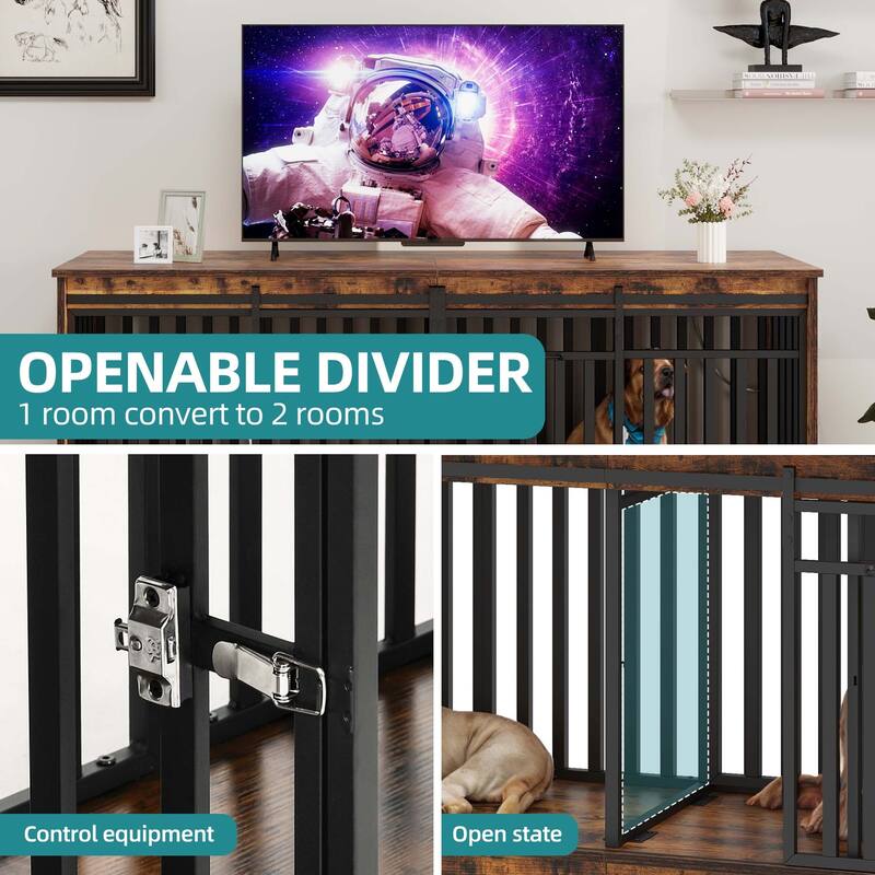 71" Large Double Dog Crate Furniture Dog Kennel with Sliding Doors