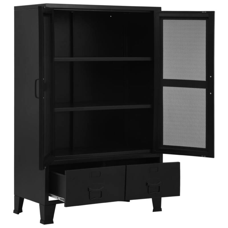 Miry Tall Office Cabinet, 2 Drawers w 2 Mesh Front Doors, Black Steel