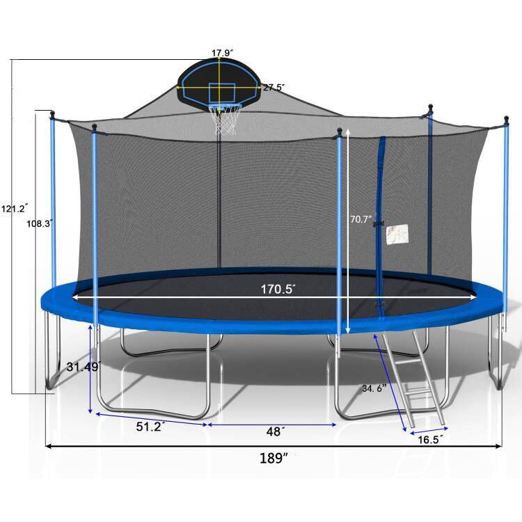 16FT Trampoline for Adults & Kids with Basketball Hoop, Double-sided cover,with Ladder and Safety Enclosure Net