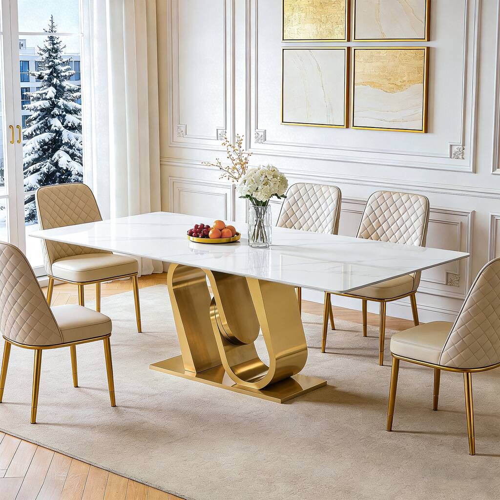 78.7" Sintered Stone Dining Table for 8, Rectangular Kitchen Table with Gold Stainless Steel Base - 39.4"D x 78.7"W x 29.9"H