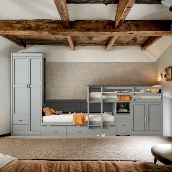 slide 2 of 16, Grey Twin Size Wooden Platform Bed with Cabinet, Wardrobe and Desk for 3 Grey