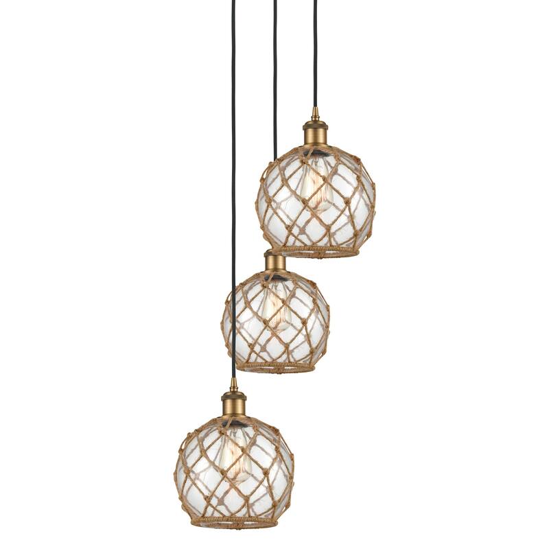 Innovations Lighting 113B-3P-31-15 Farmhouse Rope Pendant Farmhouse - Brushed Brass / Clear Glass with Brown Rope