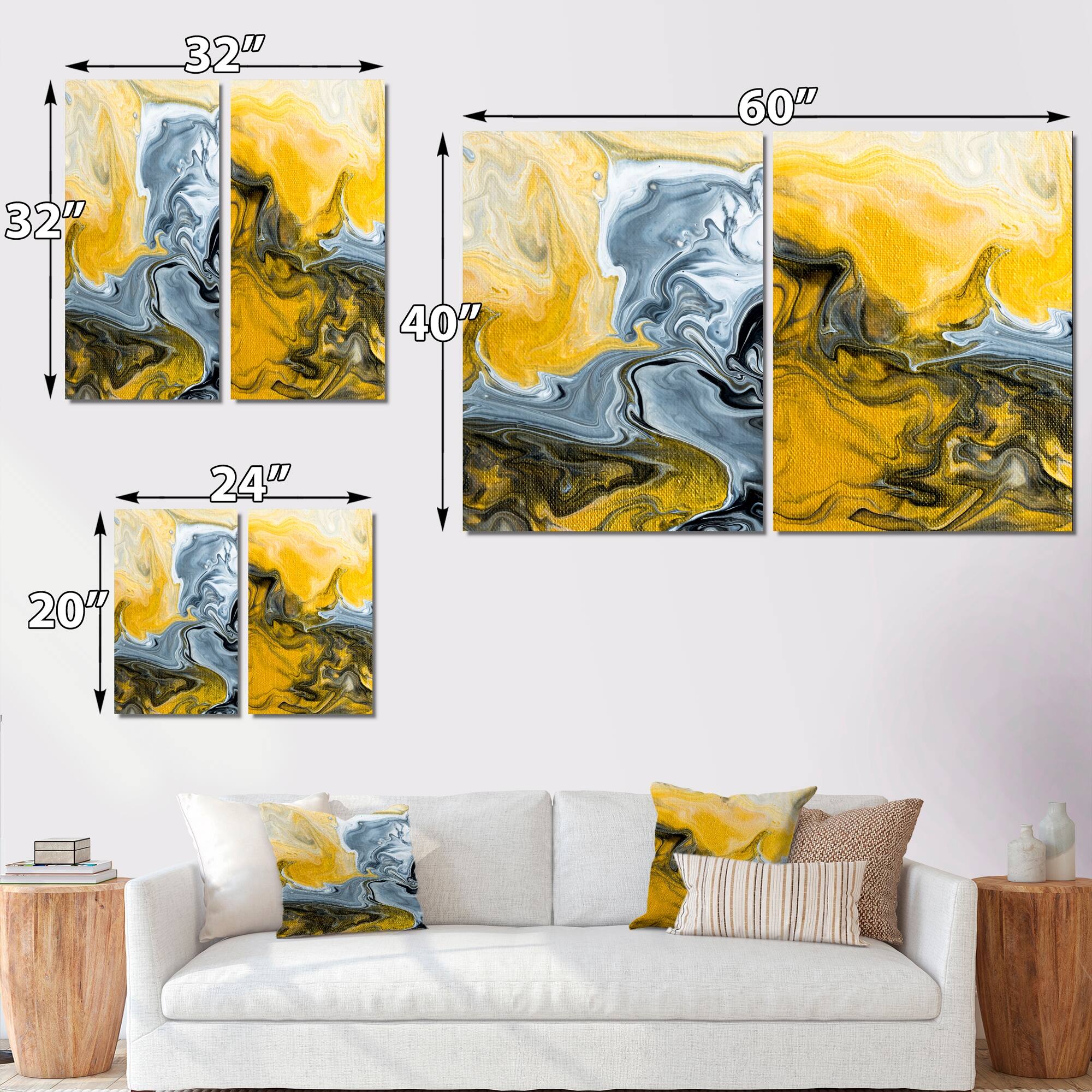 Designart 'Black White And Yellow Marble Abstract II' Modern Art Set of ...