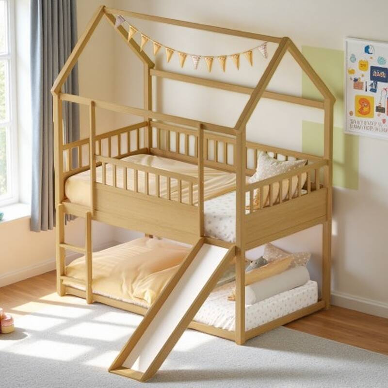 Twin Size House Bunk Bed with Slide and Ladder, Low Profile Wooden Frame with Guardrails, Convertible Entry Options - Natural Wood