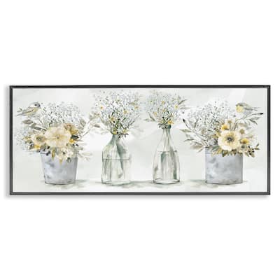 Stupell Farmhouse Floral Bouquets Song Birds Rustic Vases Framed Wall Art - Yellow