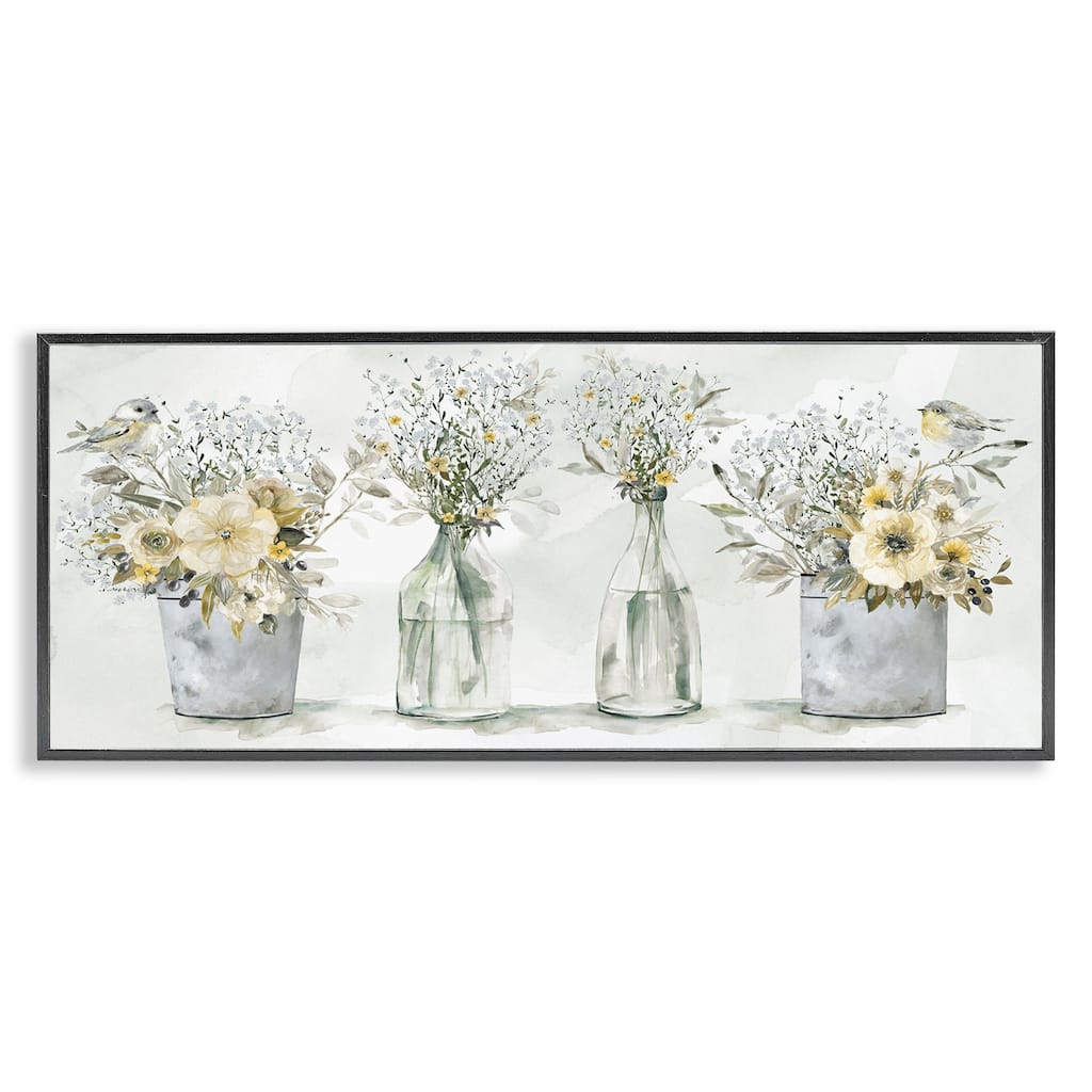 Stupell Farmhouse Floral Bouquets Song Birds Rustic Vases Framed Wall Art - Yellow