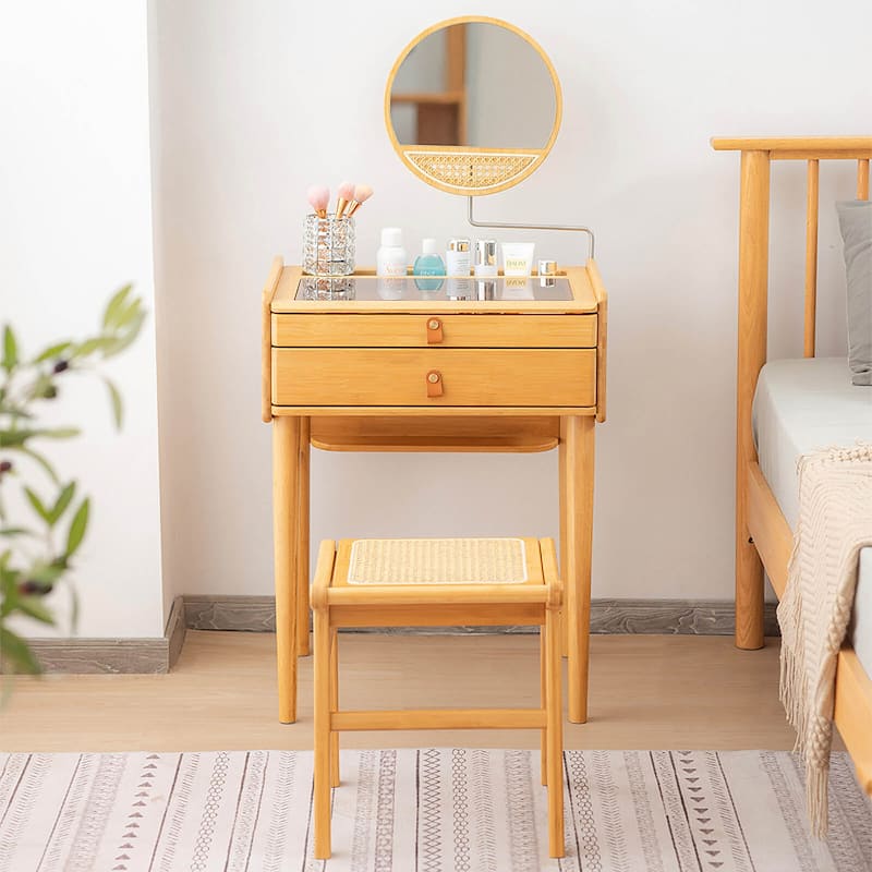 Gymax Vanity Table Set Bamboo Makeup Dressing Desk Stool Tempered - 2-drawer - Natural