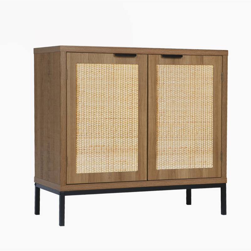 Anmytek Rustic Oak Accent Storage Cabinet with 2 Rattan Doors Mid Century Natural Wood Sideboard Furniture